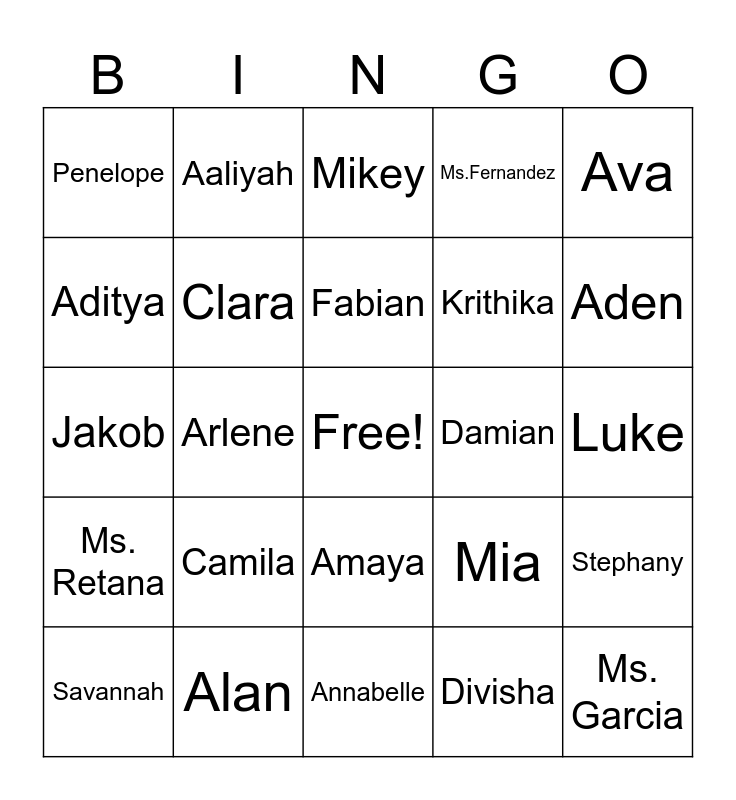 Names Bingo Card