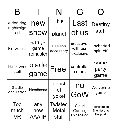 psn event Bingo Card