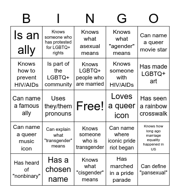 Pride Party Bingo Card