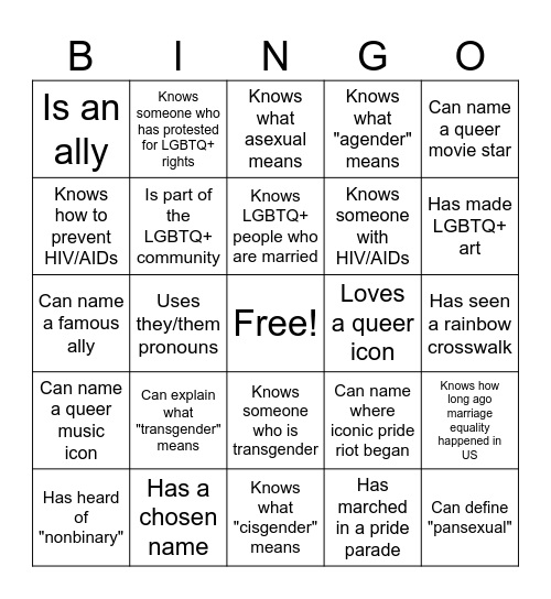 Pride Party Bingo Card
