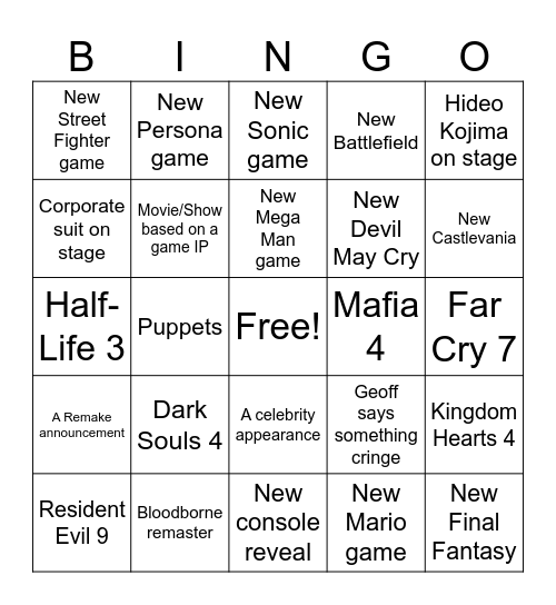 Summer Game Fest 2025 Bingo Card