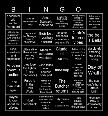 Malevolent Season 6 Bingo Card