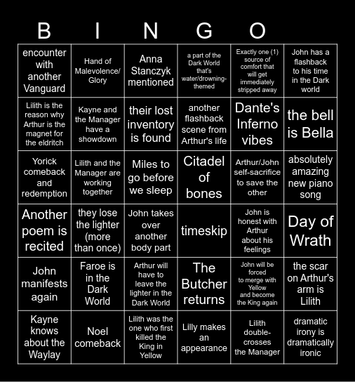 Malevolent Season 6 Bingo Card