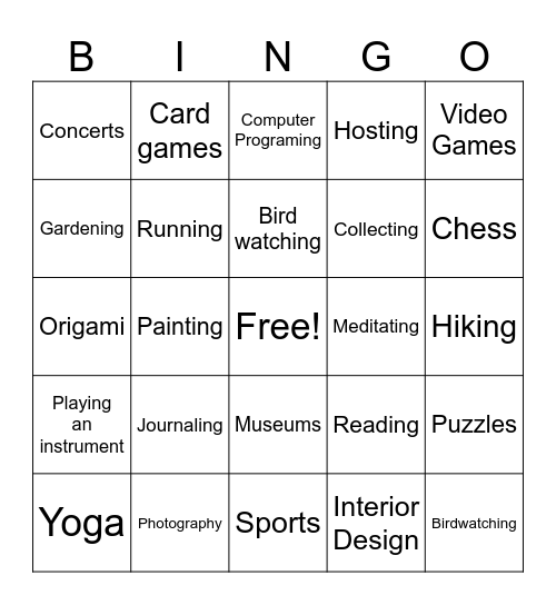 Hobby Bingo Card
