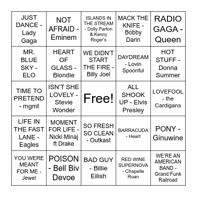 Schooners Musical Bingo Card