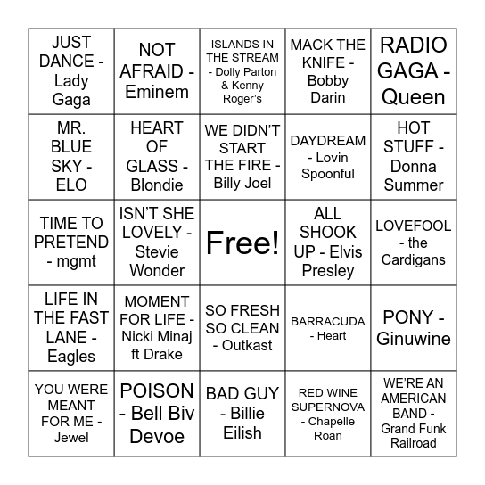 Schooners Musical Bingo Card