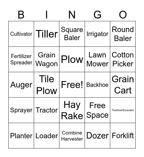Ag Machinery Bingo Card