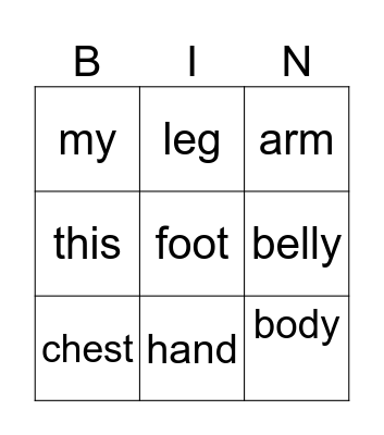 My body Bingo Card