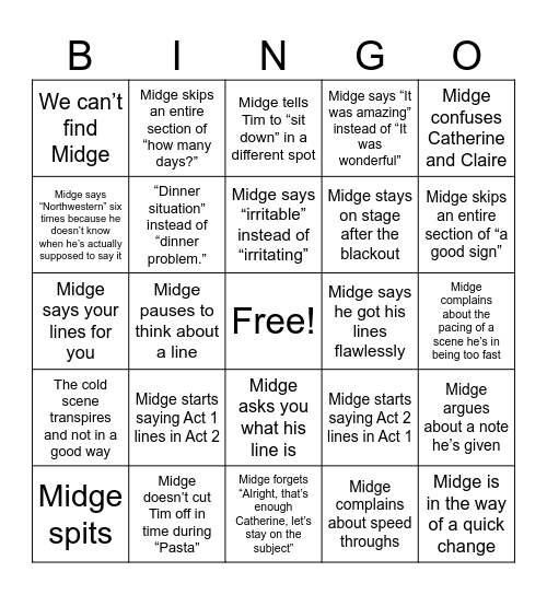 Midge Bingo Card