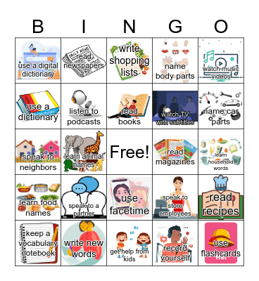 Out-of-class practice Bingo--words and images: Bingo Card