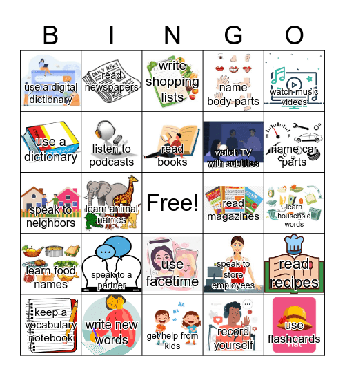 Out-of-class practice Bingo--words and images: Bingo Card