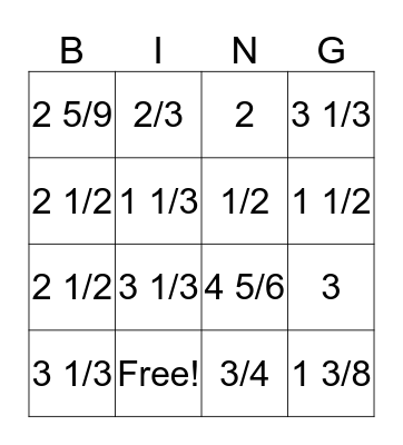 Fraction Action Bingo Card