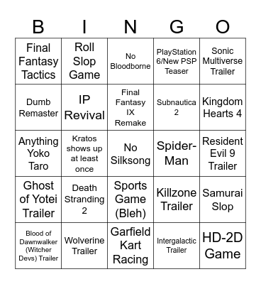 State of Play Bingo Card