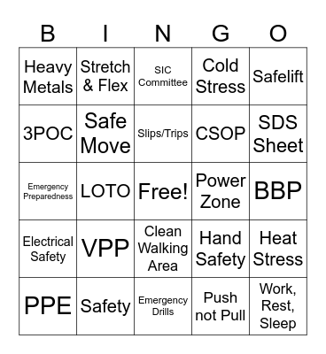 Safety Week Bingo Card