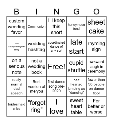 2025 Wedding Season Bingo Card