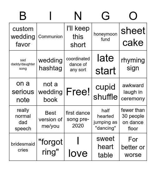 2025 Wedding Season Bingo Card