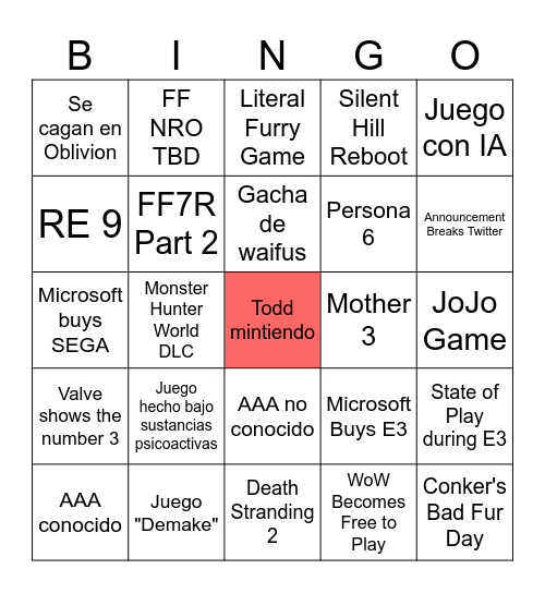 E3 Nonsense Bingo Card