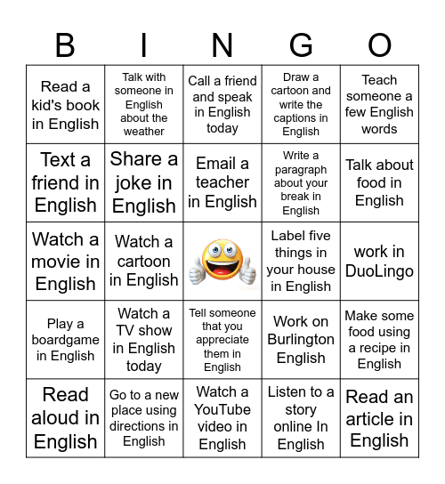 Practice  English at Home Bingo Card