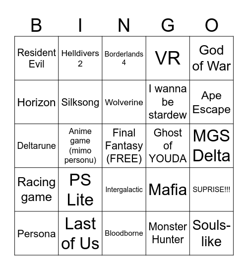 SONY State of play Bingo Card