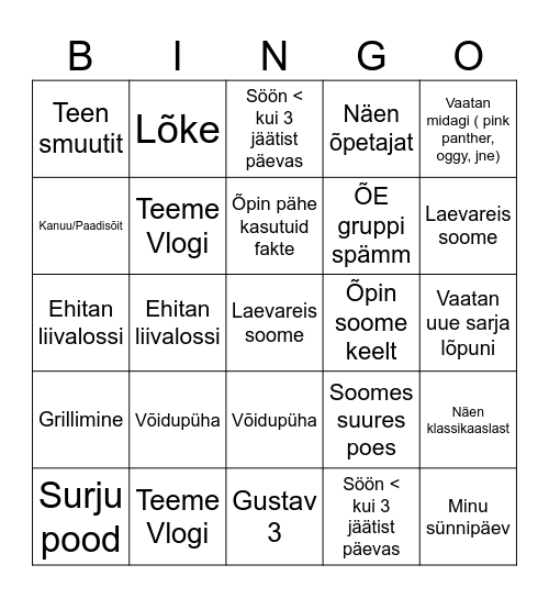 SUVI Bingo Card