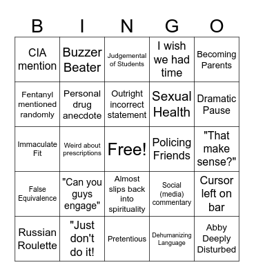 Health Class Bingo Card