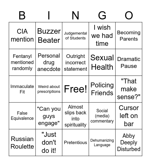 Health Class Bingo Card