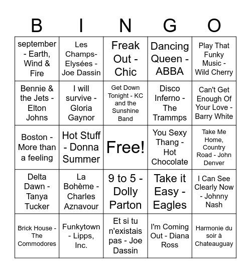 The Seventies Bingo Card