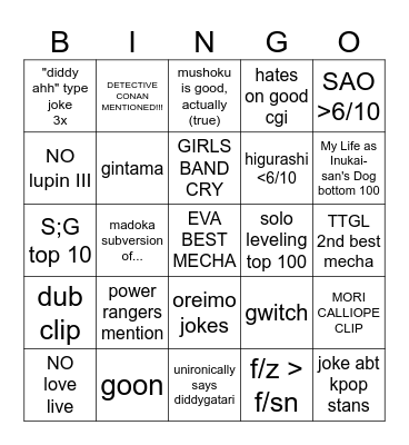 literally every anime ever Bingo Card