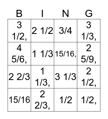 Fraction Action Bingo Card