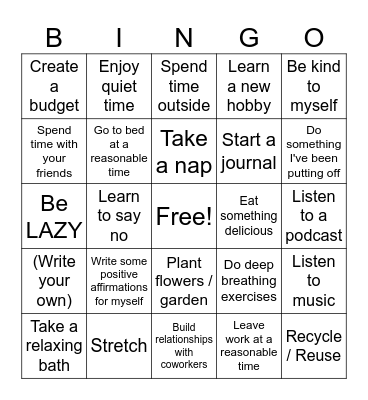 Self Care Bingo Card
