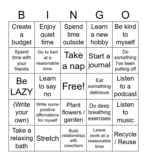 Self Care Bingo Card