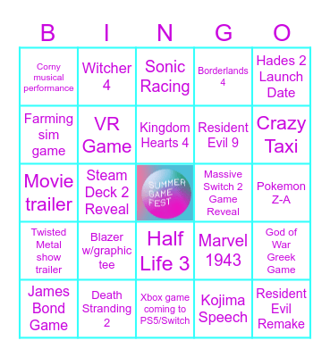 Summer Game Fest 2025 Bingo Card
