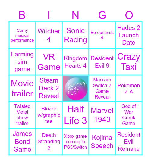 Summer Game Fest 2025 Bingo Card