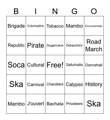 Trinidad and Tobago, Carnival and Calypso Bingo Card