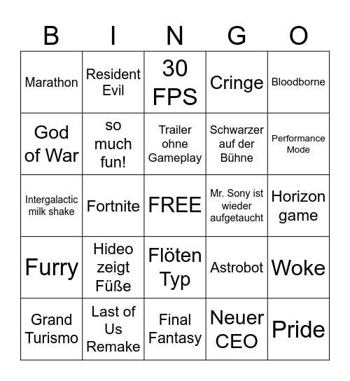 SONY SHOWCASE Bingo Card