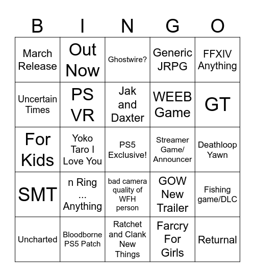 Sony State of Play Bingo Card