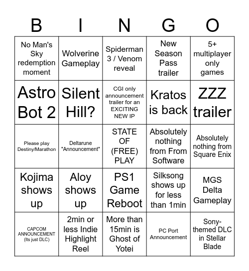State of Play Bingo Card