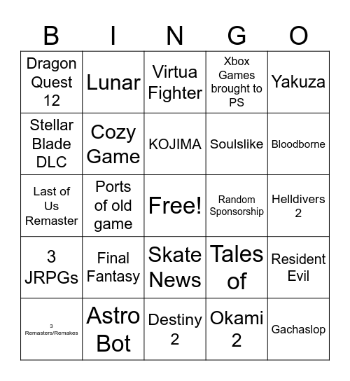 State of Play Bingo Card