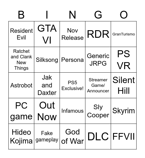 Sony State of Play 2025 Bingo Card
