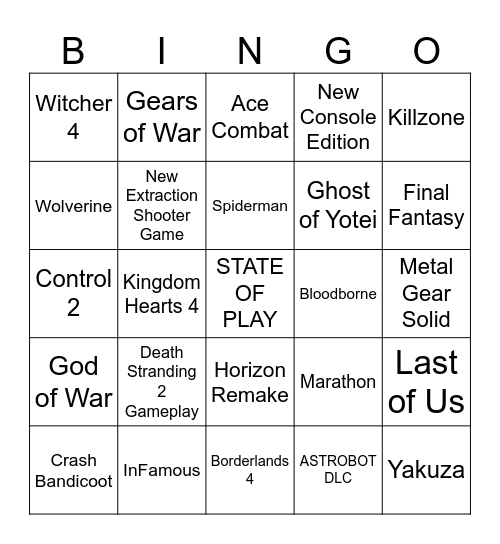 State of Play Bingo Card