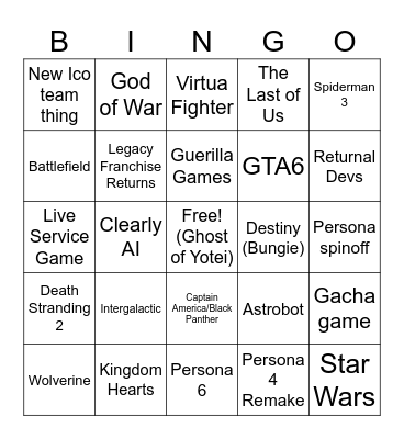 platstation Bingo Card