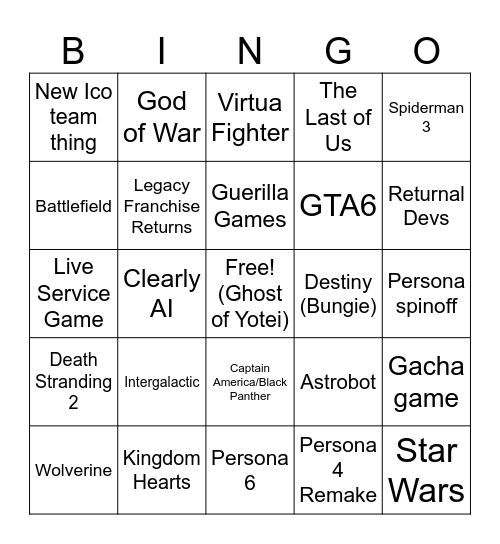 platstation Bingo Card