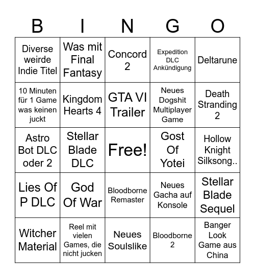 Sony Bingo Card