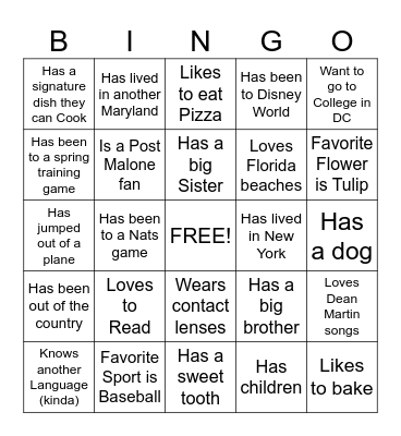 Getting to know me Bingo Card