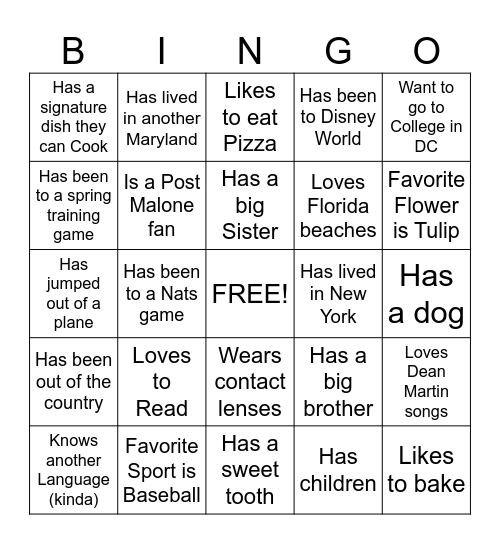 Getting to know me Bingo Card