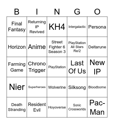 State of Play Bingo Card