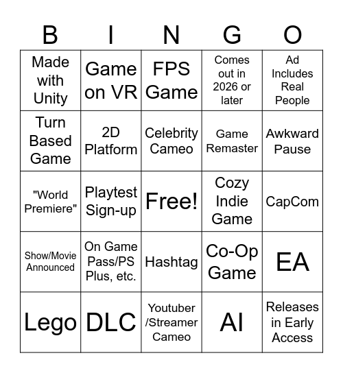 Game Announcements Bingo Card