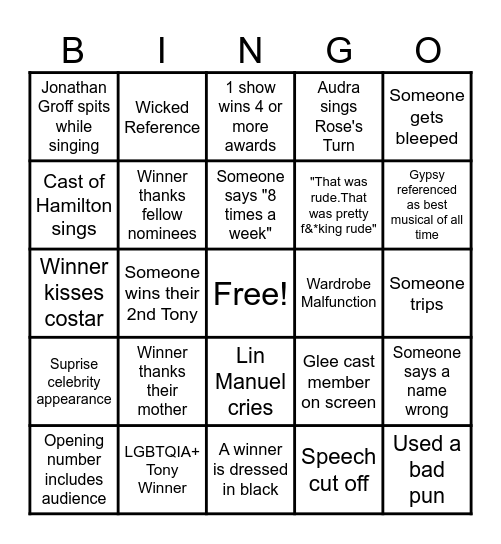 2025 Tony Award Bingo Card