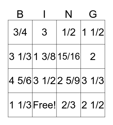 Fraction Action Bingo Card