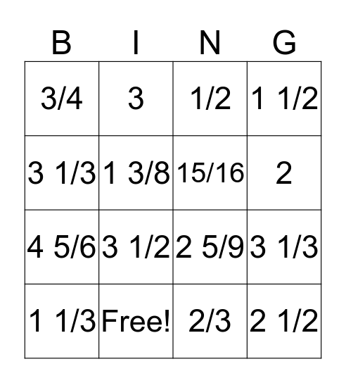 Fraction Action Bingo Card